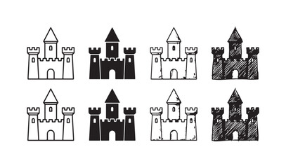 Set of eight simple cartoon castle icons in outline, solid, and hand-drawn styles, depicting a fortress with a main tower and two side turrets © Ірина Гринюк
