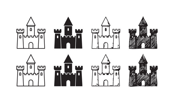 Set of eight simple cartoon castle icons in outline, solid, and hand-drawn styles, depicting a fortress with a main tower and two side turrets
