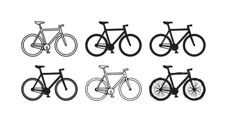 Obraz premium Collection of six versatile bicycle icons presented in various styles, including clean outlines, solid black silhouettes, and energetic hand-drawn sketch versions.