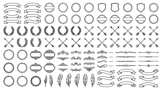 Comprehensive Set of Retro Design Ornaments featuring Outline Ribbons, Circular Badges, Shield Frames, Floral Wreaths, Arrows, Filigree Swirls, and Feathers in Minimalist Black Line Style.