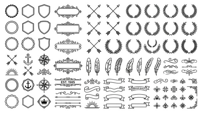 Vintage Retro Vector Graphic Elements Collection Featuring Heraldry Shields, Laurel Wreaths, Arrows, Feathers, Ribbons, Ornate Dividers and Decorative Frames for Logo Design and Branding.
