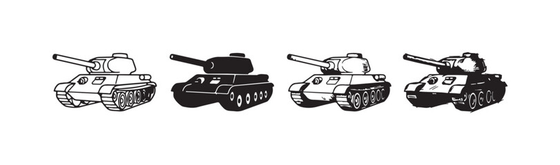 Set of tank icons in various styles, depicting military armored vehicles from a side perspective. © Ірина Гринюк