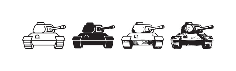 Collection of tank icons presented from a front view in diverse artistic styles. © Ірина Гринюк