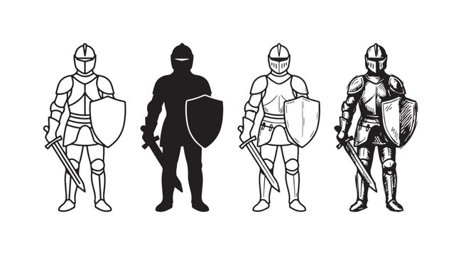 Collection of four knight icons, portraying an armored warrior with sword and shield in outline, solid black silhouette, and detailed hand-drawn styles