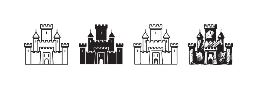 Elaborate castle icon set with many towers, spires, and a main gate in outline, solid black, detailed line art, and hand-drawn sketch styles.