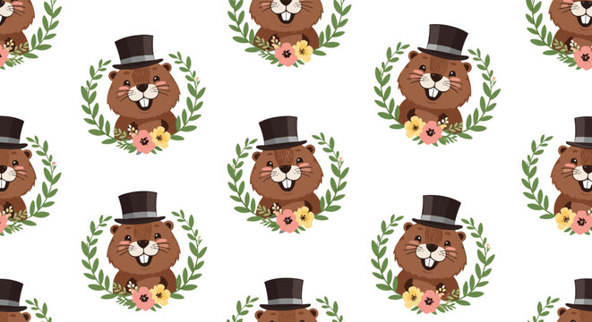 Seamless pattern features cute groundhogs wearing black top hats and wreaths of pink and yellow flowers on a clean white background.