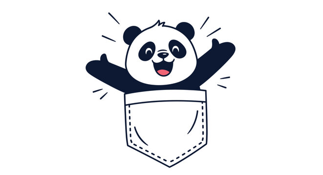 Smiling cartoon panda waves its paws while popping out of a small white denim pocket, creating a fun and charming clothing graphic.