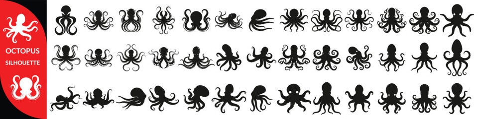 Black silhouette of octopus illustrations in black silhouette vector style, © Mst