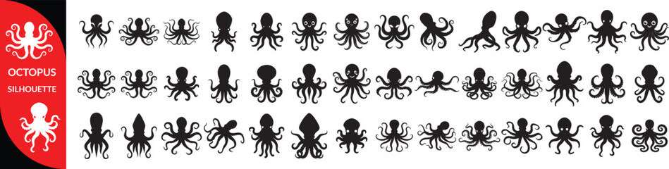 Black silhouette of octopus illustrations in black silhouette vector style, © Mst