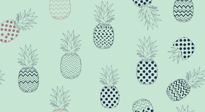 Trendy seamless pattern features stylized pineapples with various internal patterns on a refreshing mint green background.