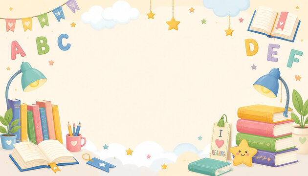 Cozy reading-themed classroom background with books, pastel colors, and spacious copy space.