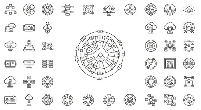 Cloud network infrastructure and data integration system icons.