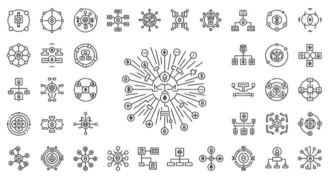 Set of abstract digital connection nodes and blockchain technology icons.