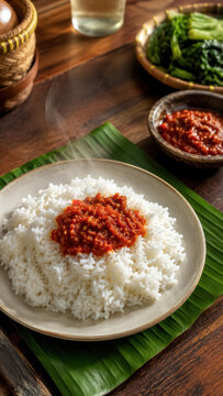 Steamed rice served on banana leaf with bright red sambal and side dishes.generative AI