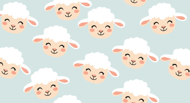 Adorable seamless pattern featuring fluffy white sheep heads with cute smiling faces on a soft blue pastel background.