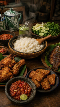 Rustic Indonesian meal spread with rice, sambal and grilled dishes in warm light.generative AI