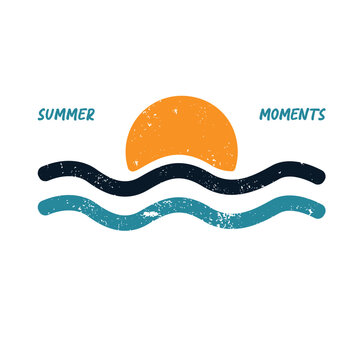 Retro summer moments quote with abstract minimalist sun and ocean waves. Distressed grunge texture vintage vector illustration perfect for t-shirt design, poster, and print.
