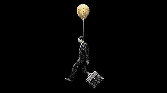 Businessman Walking with Suitcase and Balloon Suspended Over Head against Black Background
