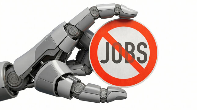 Roboterhand h&auml;lt Schild - Jobverlust durch KI