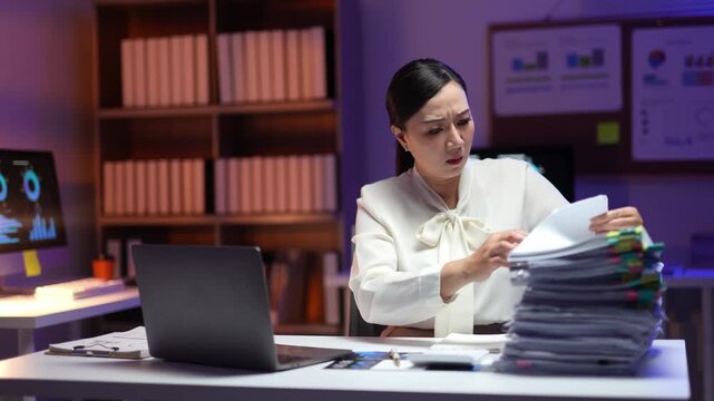 Overworked asian woman searching for a document in a large pile of paperwork. Stressed employee working late in a dark office