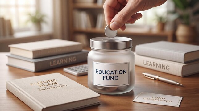 Hand putting coin into education fund jar on desk with books