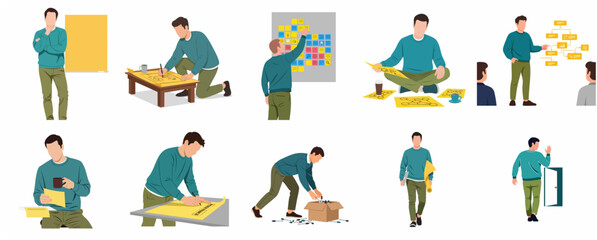 Fototapeta premium Set of flat vector illustrations showing a creative businessman's daily workflow, project planning, and office activities.