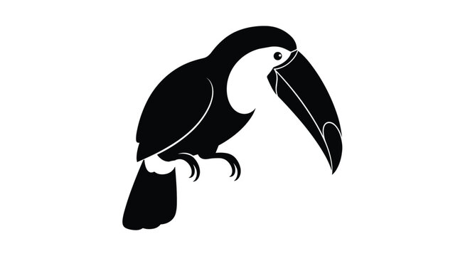 Solid black silhouette of a tropical toucan bird sitting on a branch isolated on a white background for exotic jungle themed designs.