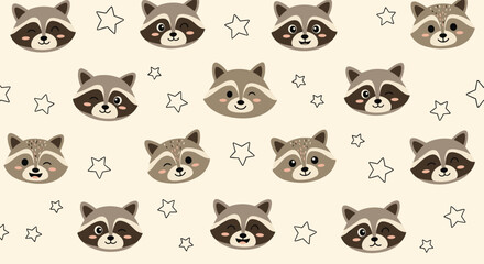 Fototapeta premium Seamless pattern of cute raccoon faces with different expressions and small white stars on a light beige background for kids.