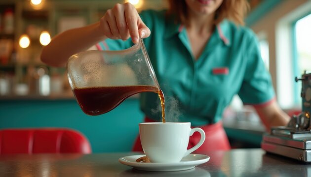 Waitress in teal uniform pours hot coffee from glass carafe into white cup. Steam rises from beverage in cafe with vintage red booth seating.