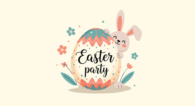 Cute easter bunny character hiding behind a large decorated easter egg with colorful flowers on a soft yellow background.