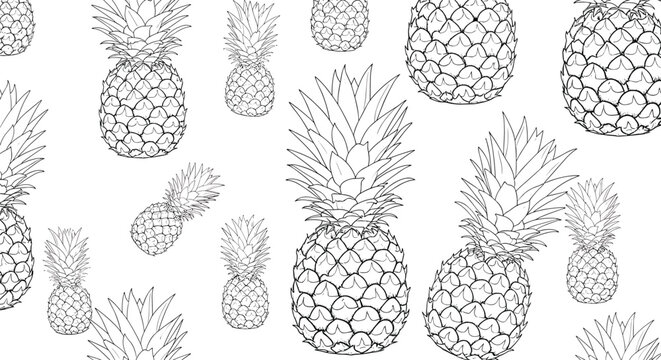 Seamless pattern of detailed hand drawn black and white pineapples on white background for textile and wallpaper design.