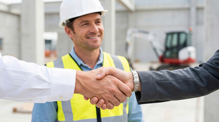 Fototapeta premium Businessmen shaking hands on construction site with smiling engineer in hardhat and vest in background