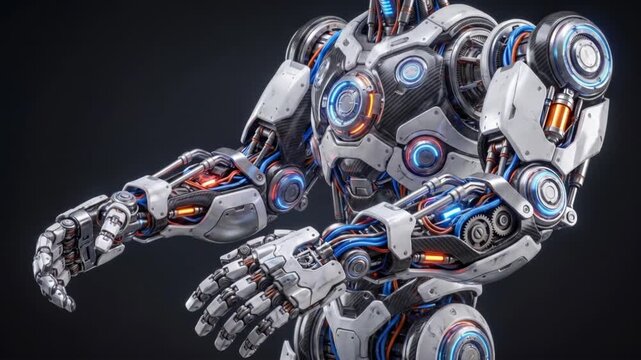 胸部コアから腕へスキャンして起動するロボット上半身のループアニメーション