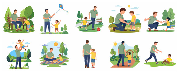 Fototapeta premium Collection of happy father and son bonding activities in the park, vector illustration set of parenting and childhood moments.