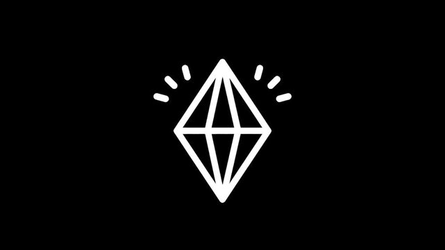Simple white diamond icon with sparkling light rays on a black background