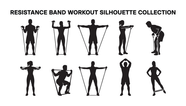 Resistance Band Workout Silhouette Icon Sheet.