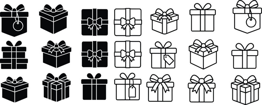 Gift box icons set with outline line and solid glyph style presents ribbons bows tags vector illustration isolated