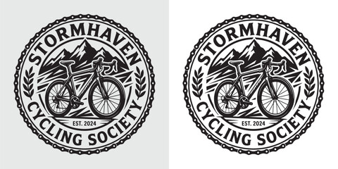 Fototapeta premium Stormhaven Cycling Society Emblem with Mountain Landscape and Racing Bike