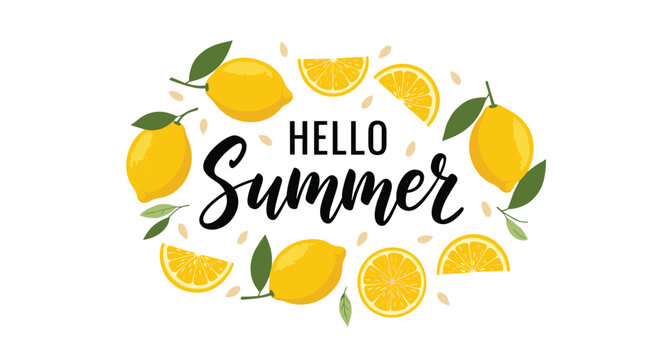 Hello summer greeting card design featuring bright yellow whole lemons and slices with green leaves and seeds on a clean white background backdrop.
