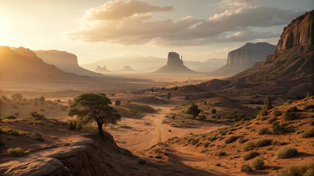 Lone Tree on Rocky Outcrop Amidst Desert Canyon Landscape at Sunset