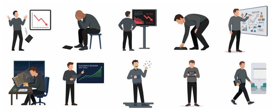 Business Journey and Career Concepts Set: From Failure and Market Crash to Strategy Planning and Successful Recovery Flat Vector Illustrations