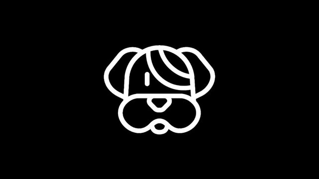 Minimalist white dog face icon on a black background, simple line art illustration