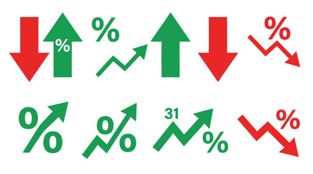 Set of percent icons with rising and falling arrows