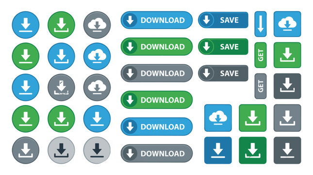 Set of download and save buttons with arrow icons