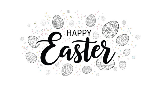 Happy Easter greeting card design featuring many decorative patterned eggs and colorful confetti sprinkles against a clean white background space.