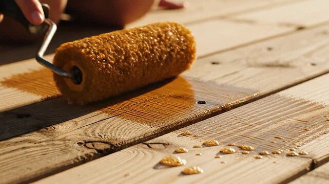 Applying oil stain to outdoor wooden deck with paint roller in warm sunset light