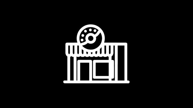 Simple line art icon of a donut shop with a donut sign on a black background
