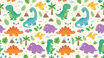 Colorful cartoon dinosaur seamless pattern. © zxnakwkwown