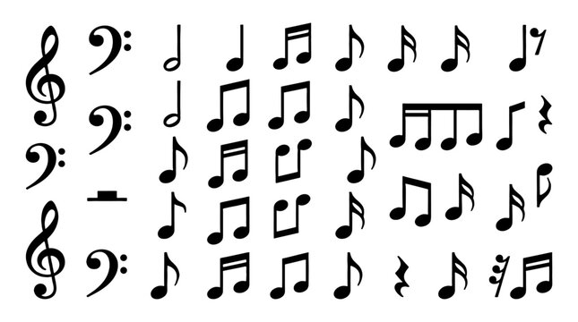 Set of black musical notes and clef symbols on white background