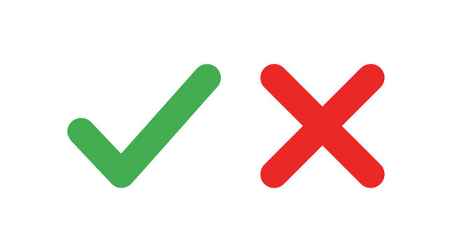 Green check mark and red cross flat symbol set